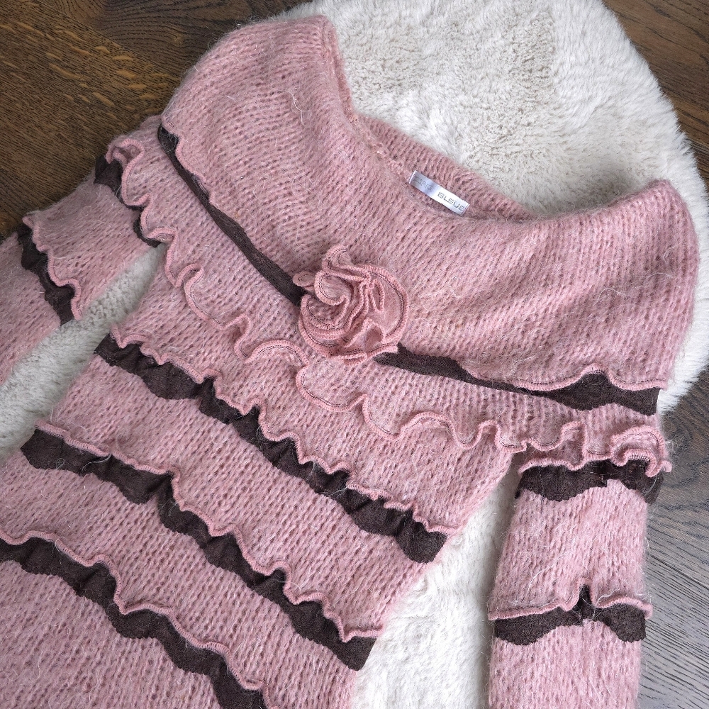 Vintage Zone Bleue Ballet Fairy Rosette Off-Shoulder Ruffle Sweater Tunic Top - Picture 2 of 9